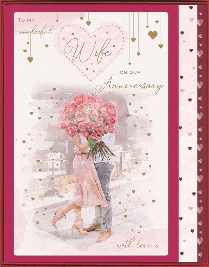 ICG Wonderful Wife Large Luxury Boxed Anniversary Card - Couple Embracing with Rose Bouquet - Foil and Embellished Finish