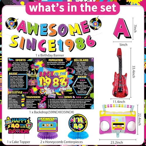 Image of Crenics 80s Theme 1986 40th Birthday Decorations for Men Women | Back in 1986 Backdrop, Awesome Since 1986 Banner, Swirls, Centerpieces and Balloons for 40 Birthday Party Supplies