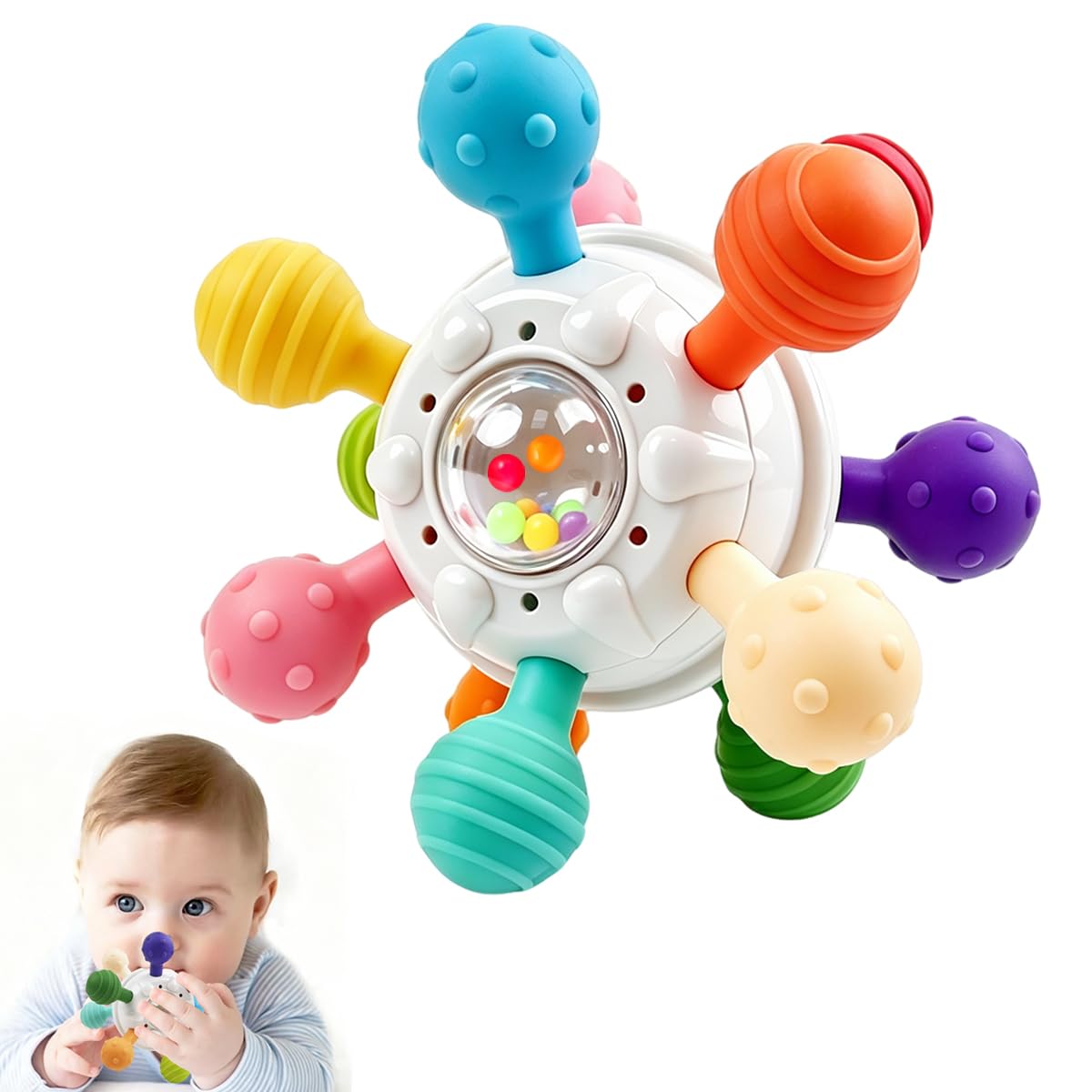 Giochi Sonaglio Dentizione Del Neonato 0 3 6 9 12 Mesi, Sensoriali Giocattoli Silicone Palla da Massaggia Gengive, BPA Free Montessori Regalo Bambino