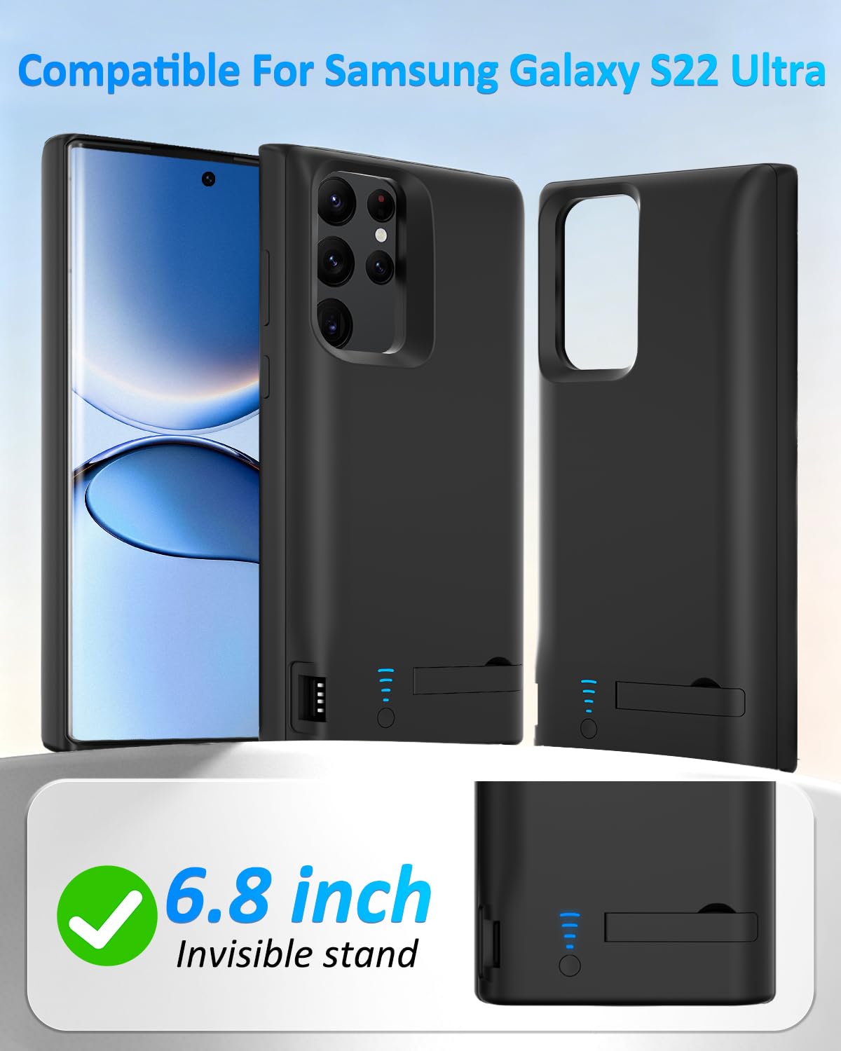 Funda de batería para Samsung Galaxy S22 Ultra, 5000 mAh, cargador rápido portátil, batería externa recargable inteligente para Galaxy S22 Ultra, color negro