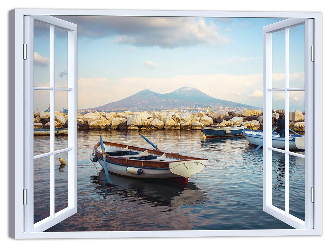 Quadro Finestra Napoli Vesuvio 100x75 cm Stampa su Tela con Telaio in Legno Arredamento Arte Arredo Moderno