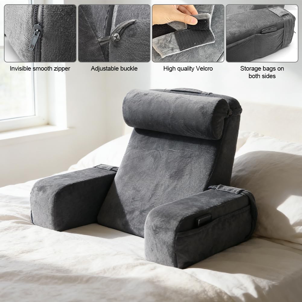 Cojín para la espalda, cojín de lectura para cama y sofá con reposabrazos y almohadas extraíbles, cojín de respaldo para cama, cojín de pared, cojín multifunción para leer, jugar, ver la