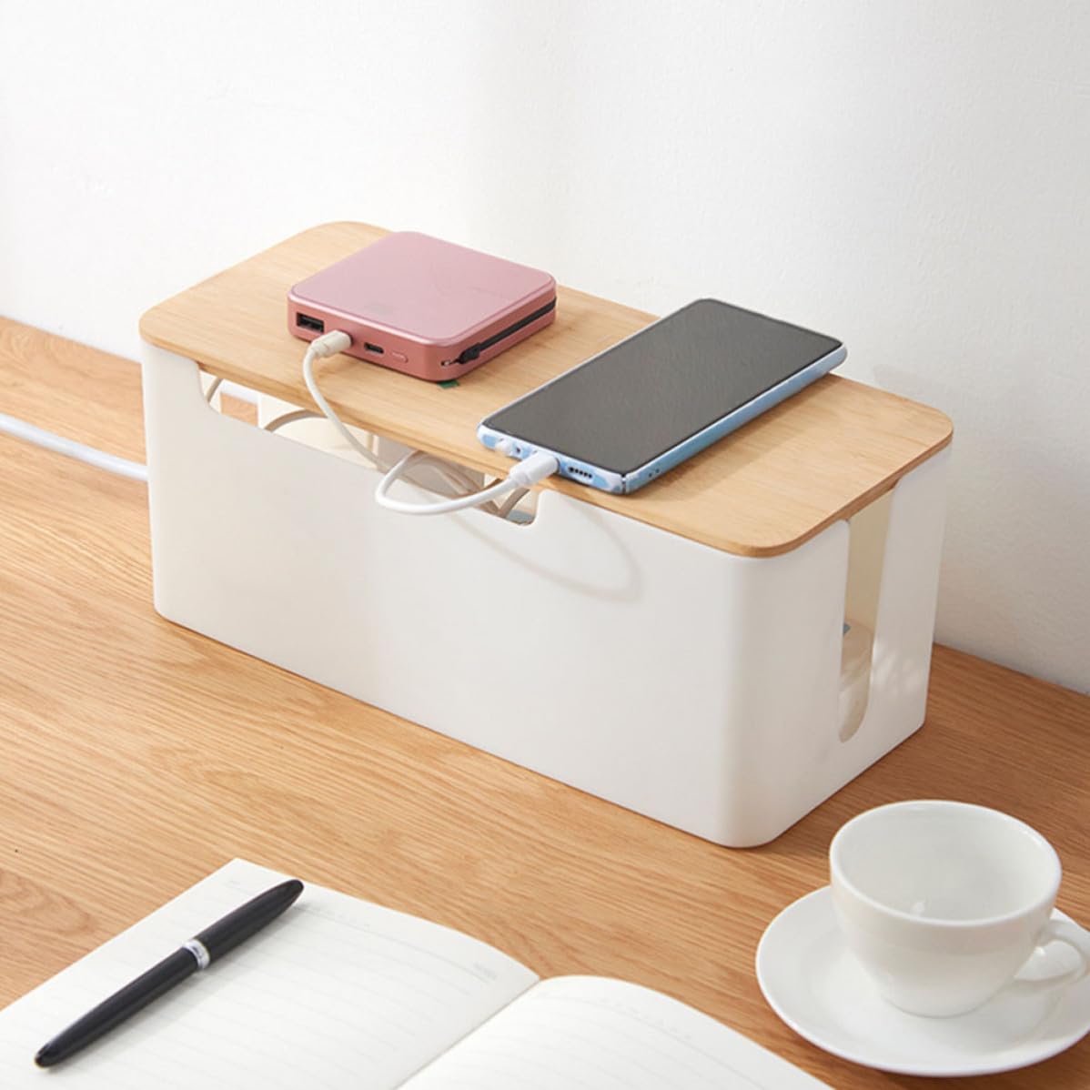 Caja Organizadora de Cables Tapa de Bambú para Regletas