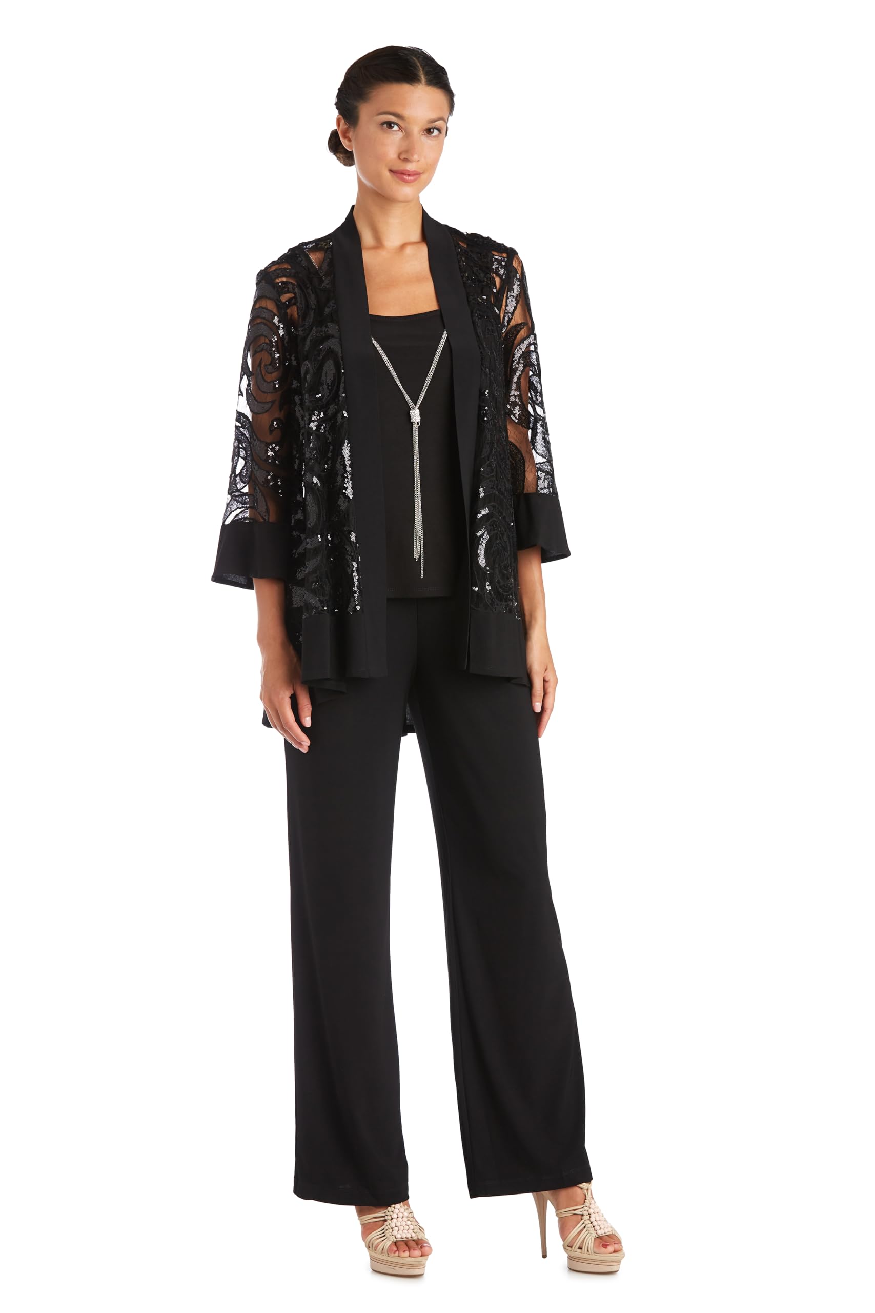 Three Piece Set With Sequin Swing Jacket and Detachable Necklace - Petite