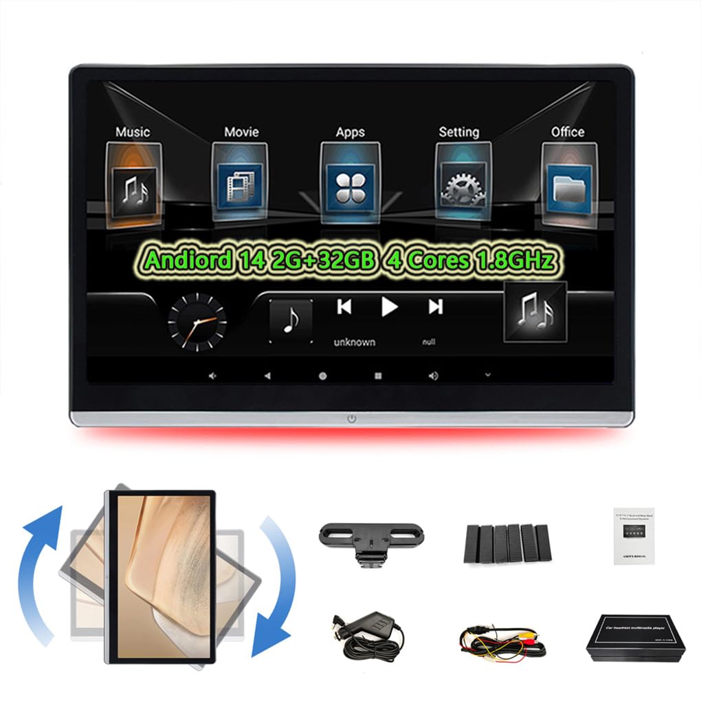 Écran d'appui-tête Android 14 Pouces HD Tactile avec 2 Go de ROM et | de RAM. Système multimédia arrière multifonctions avec sortie vidéo, TV et radio FM.