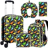 5Pcs Kids Suitcase Set for Boys, 16.5' Hardside Luggage with Spinner Wheels, Dinosaur Travel Carry on Luggage Airline Approved (Black)