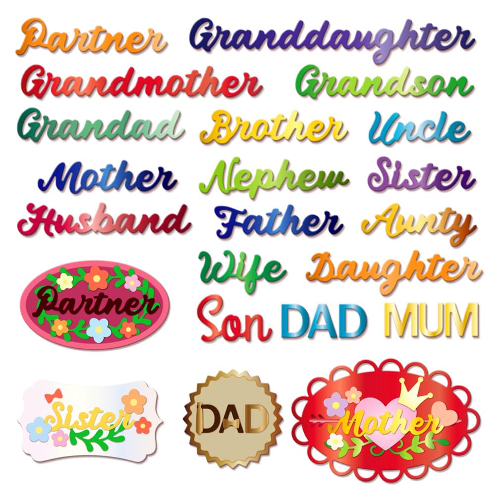 MAYJOYDIY 31pcs Family Member Cutting Dies, Mother/Father/Wife/Son Word Die for Card Making, Metal Craft Die Cuts Carbon Steel Embossing Stencils for Birthday Cards Album Photo Scrapbook Decoration