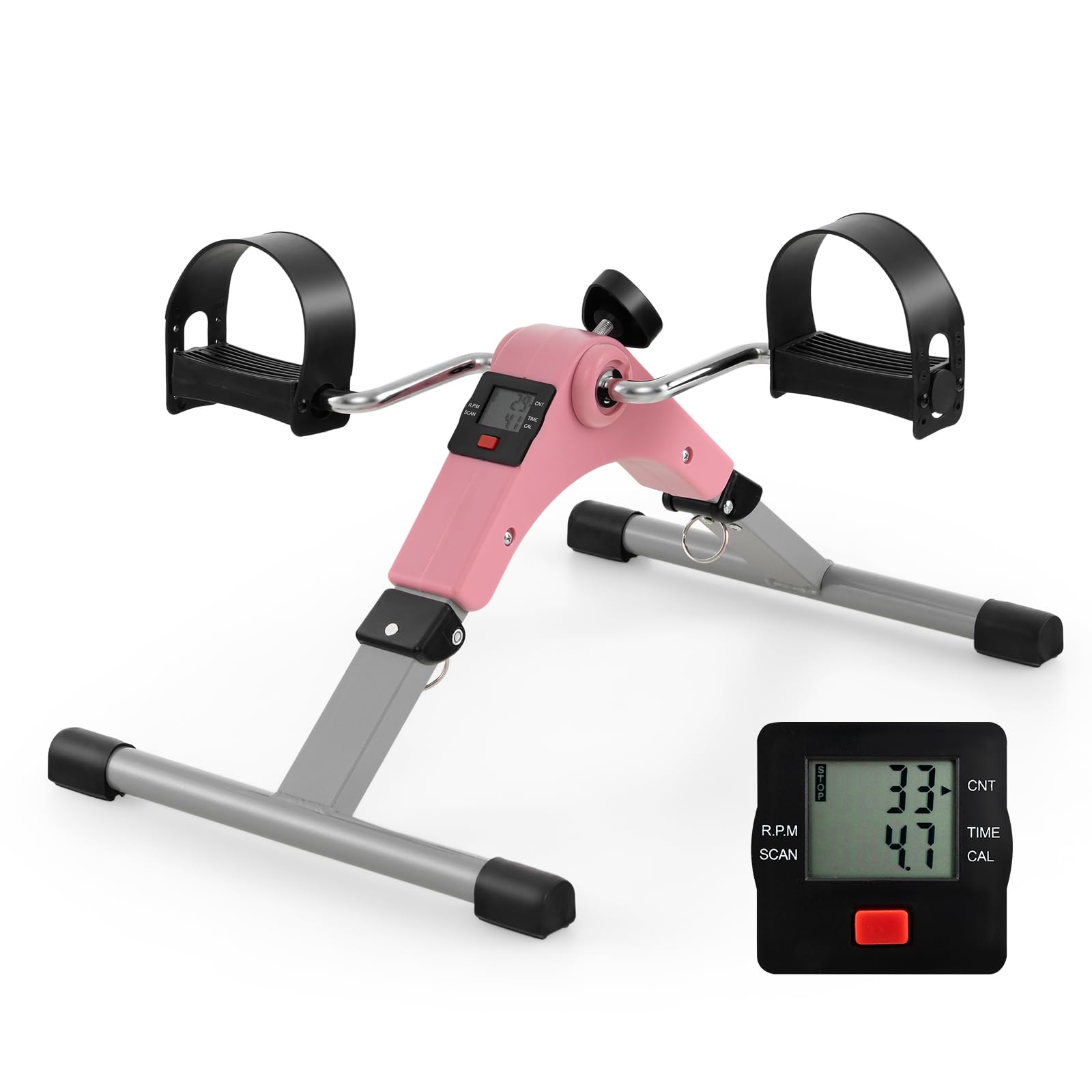COSTWAY Mini Exercise Bike, Folding Under Desk Pedal Exerciser with LCD Screen Display and Adjustable Resistance, Leg Arm Fitness Equipment for Home Office Gym (Pink)