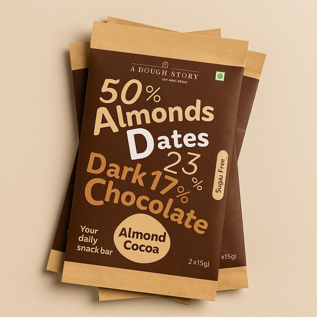 A Dough Story Almond Cocoa Snack Bar | 50% Almonds, 23% Dates, 17% Dark Chocolate | Sugar-Free Healthy Protein Bar | Natural Energy Snack Pack of 6-image-29