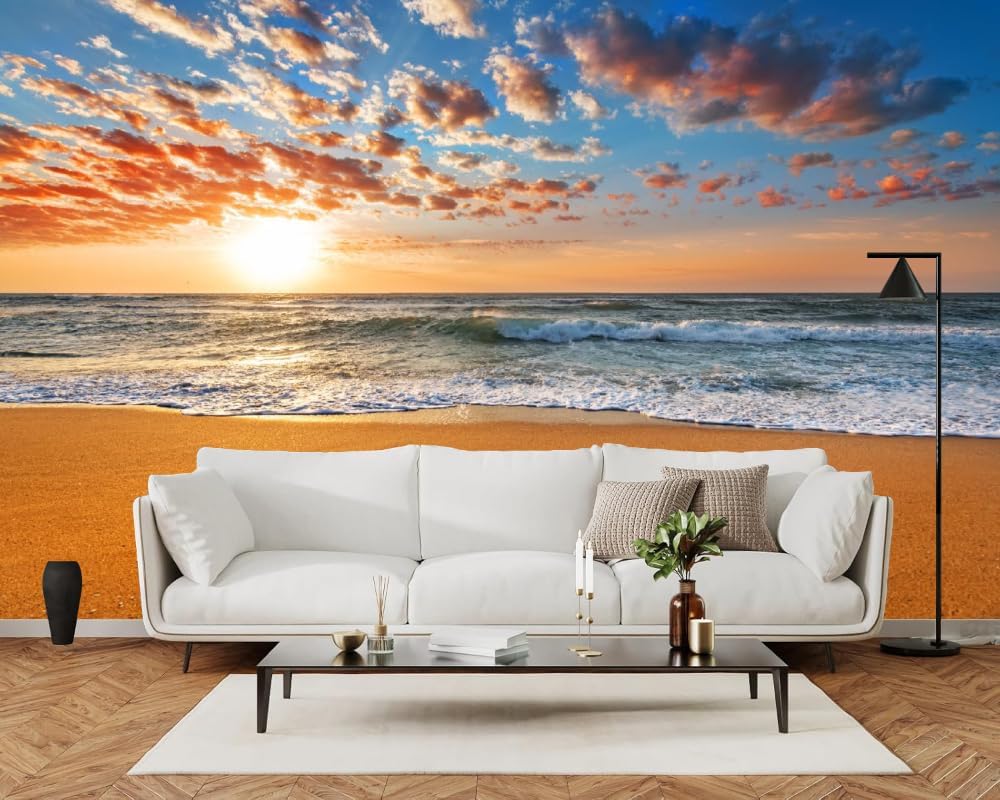 Beach Sunset 3D Wall Mural Wallpaper, Ocean Waves Photo Print Wallpaper, Panoramic Peel and Stick Mural for Living Room Bedroom Study TV Background Decor-48 W x 36" H