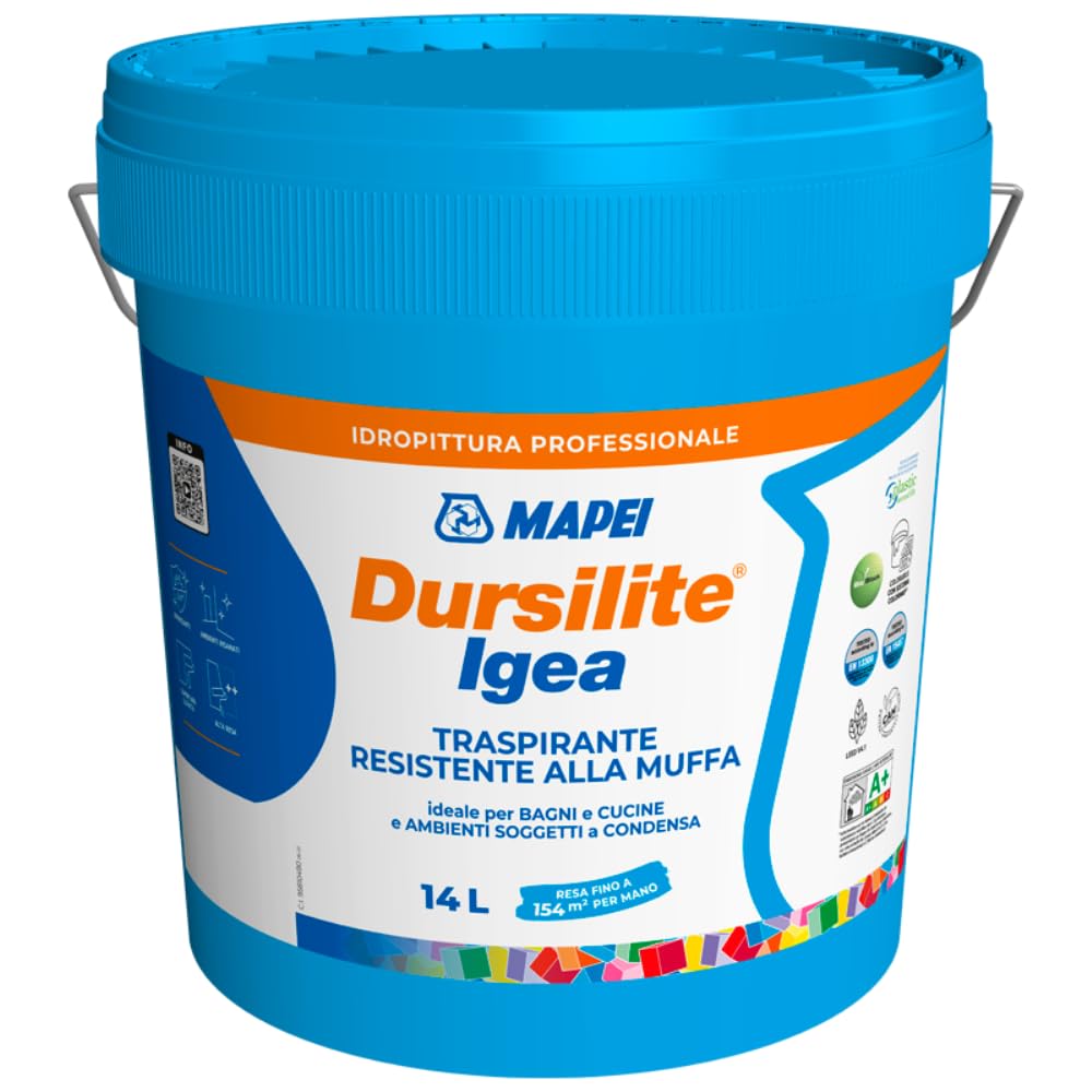 MAPEI Dursilite Igea, Idropittura Traspirante Antimuffa per Interni, Bianco, Resistente all'Umidità, Opaca, Lavabile, per Bagni e Cucine (14 Litri)