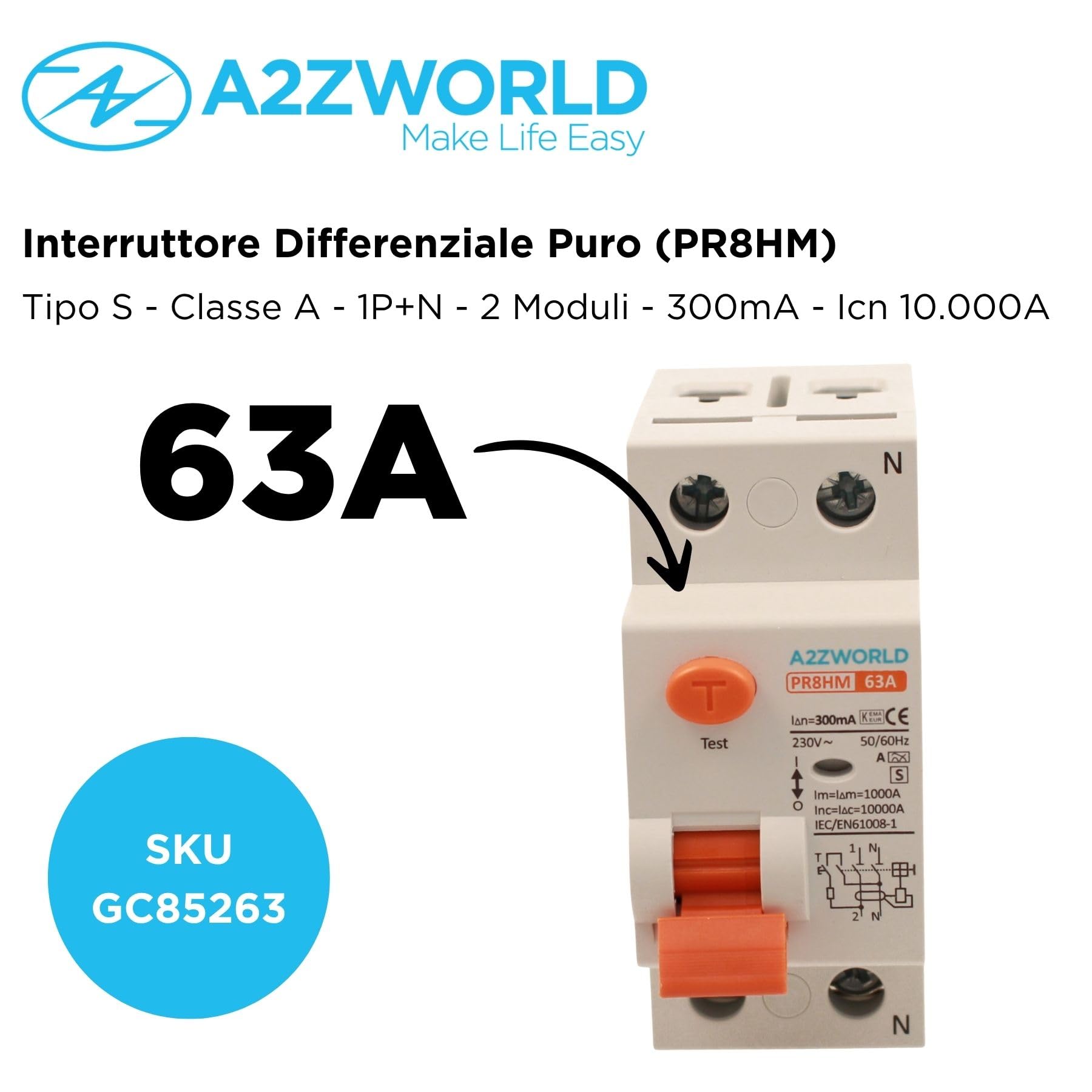 Interruttore Differenziale Puro Selettivo 63A, RCCB Tipo S Classe A, 1P+N 10kA 300mA, Ritardo 500ms, 2 Moduli DIN 230V AC, Certificato IEC61008-1, Serie PR8HM Elettromagnetico
