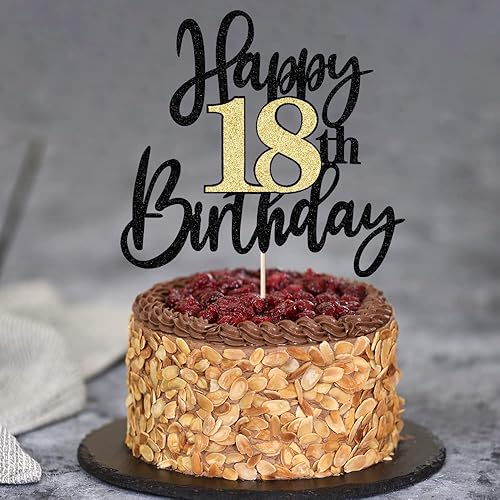 Miniatura 4 de Decoración para tarta de cumpleaños de 18 años con purpurina negra y dorada, decoración de pastel de cumpleaños de 18 años y fabuloso cumpleaños,
