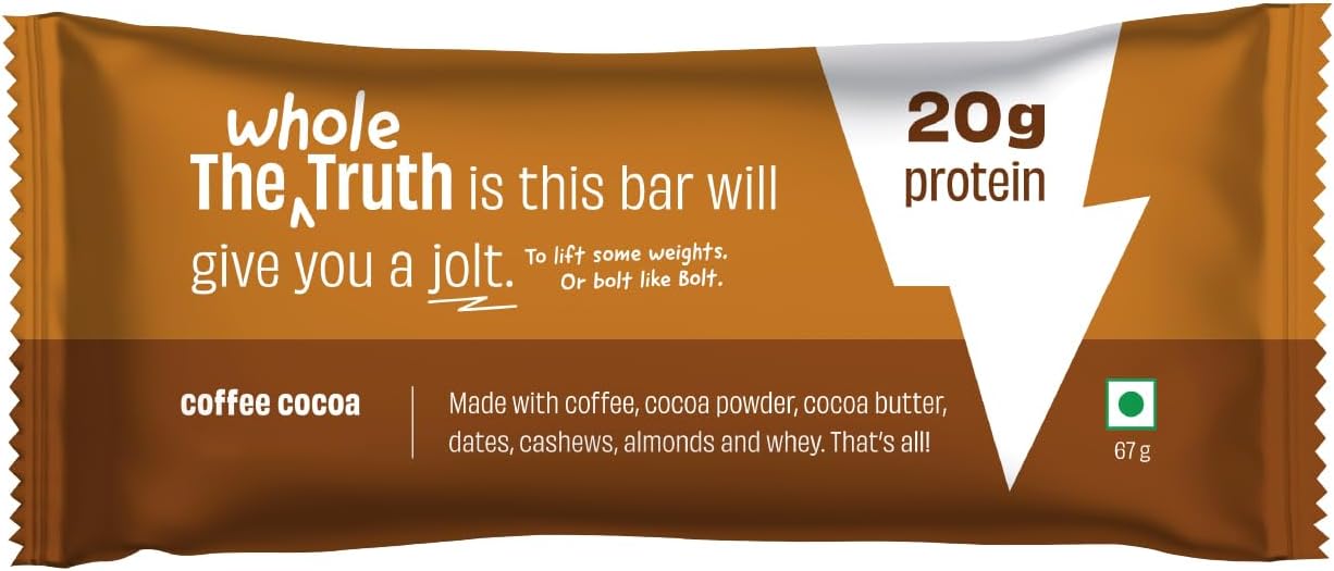 The Whole Truth - High Protein Coffee Cocoa 20g Protein Bar - Pack of 5 x 67g each - - No Preservatives - No Artificial Flavours - All Natural