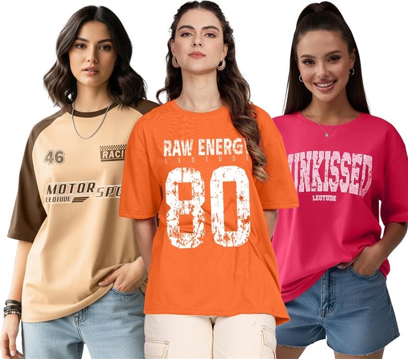 Image of LEOTUDE Half Sleeve Cottonblend Oversized Tshirt for Women, Round Neck