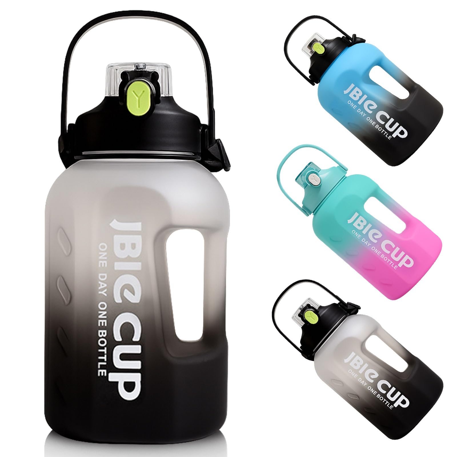 2,2 Liter Große Trinkflasche – Gym Flasche mit Strohhalm, Tragegurt & Zeitmarkierung, Auslaufsichere Sportflasche mit Zwei Ausgießern für Fitness, Wandern, Camping, Büro und Schule (Schwarz und Grau) Sport & Freizeit