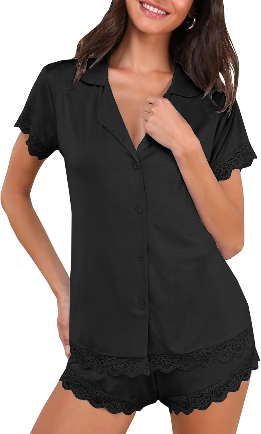 Womens Pajama Set Short Sleeve Summer Soft Sleepwear Button Up Pjs Lounge Sets Lace Top and Shorts Pj Nightwear