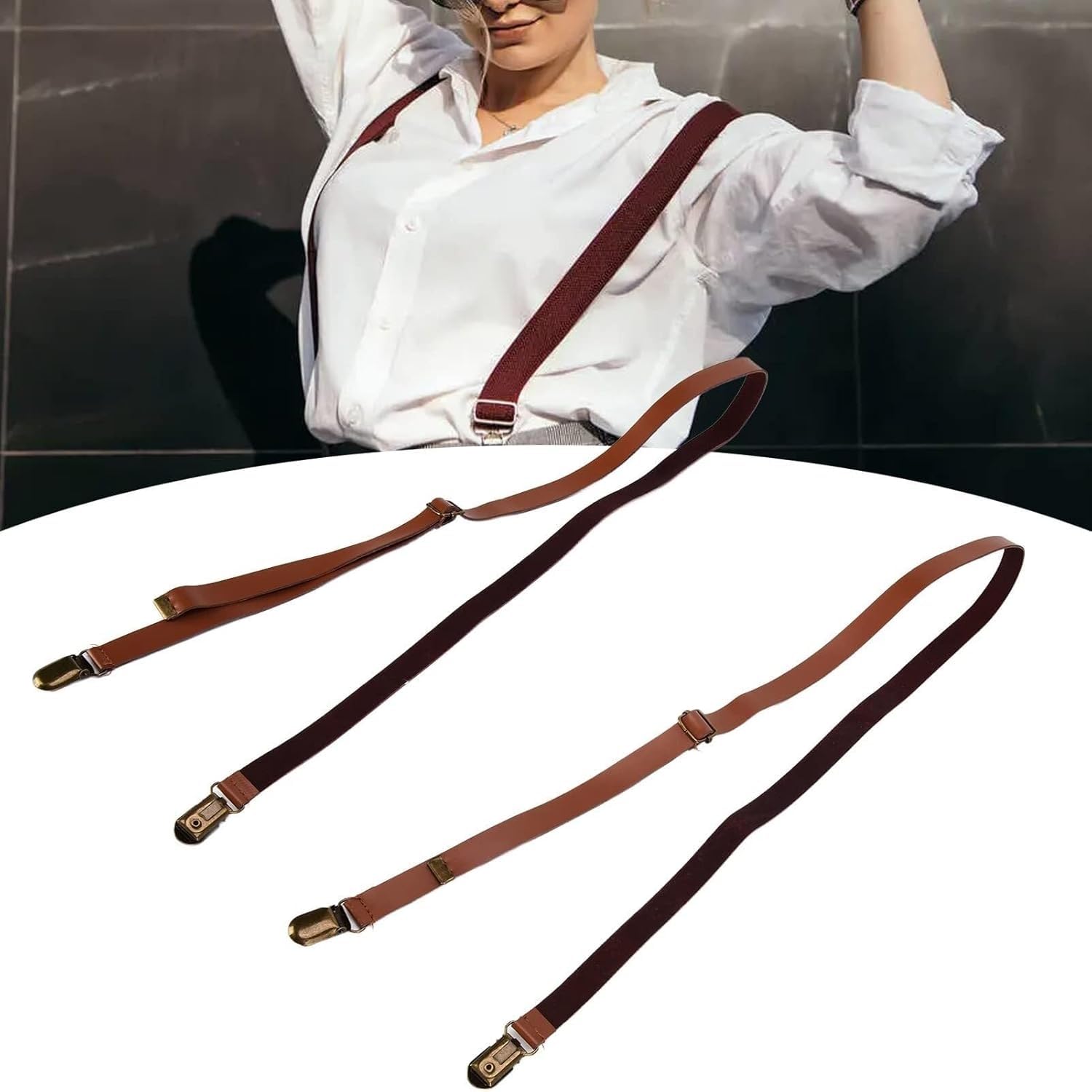 Tirantes ajustables for hombre, 2, cuero de vaca, clips metálicos for pantalones, trajes
