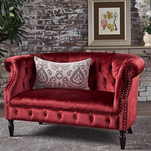 GDFStudio Melaina Tufted Chesterfield Velvet Loveseat with Scrolled Arms, Garnet and Dark Brown