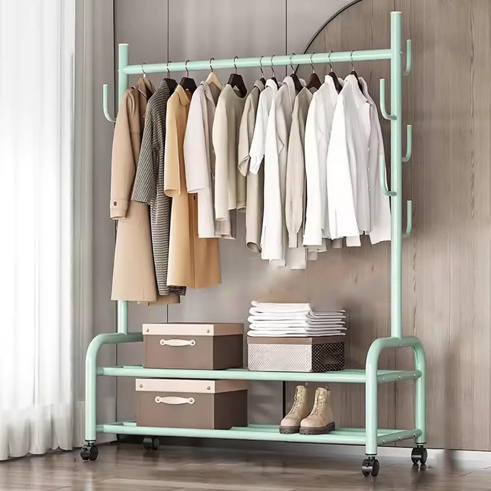 MYUYEE Heavy-Duty Clothes Rack On Wheels, Metal Clothes Rail, Multifunctional Mobile Coat Rack With Shoe Rack And 7 Hooks For Bedroom, Hallway, 120/150 * 37 * 165Cm(A-120Cm)