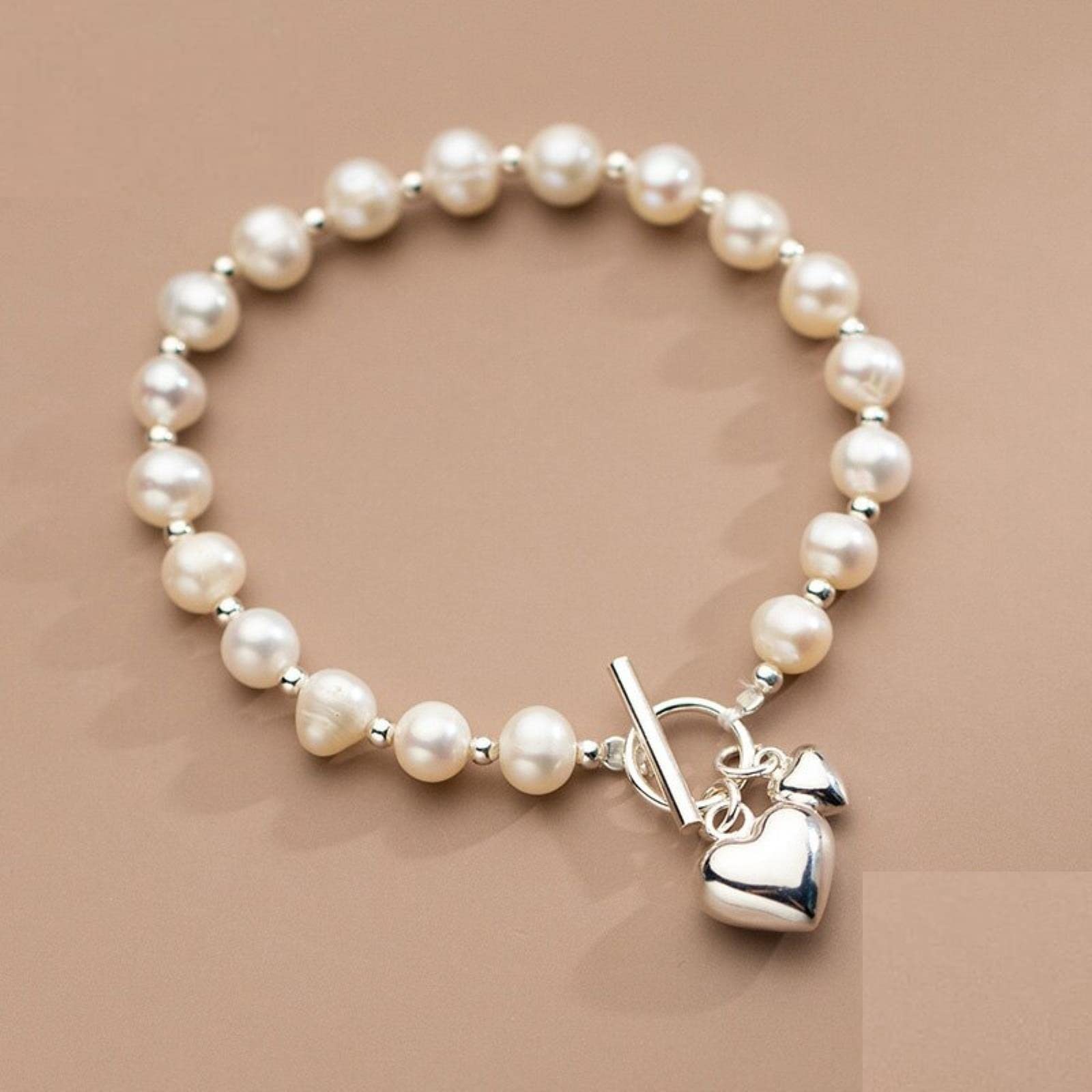 Bracciale in Argento Sterling 925 Fine con Perle d'Acqua Dolce A Forma di Cuore da 19 Cm per Gioielli da Donna per San Valentino