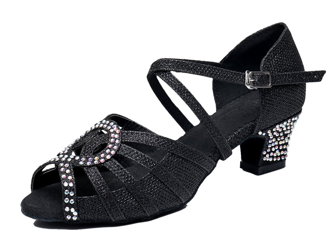 TDA Womens Ankle Strap Peep Toe Cut-Out Crystals Black Glitter Synthetic Low Heel Tango Ballroom Latin Dance Wedding Shoes 7 M US