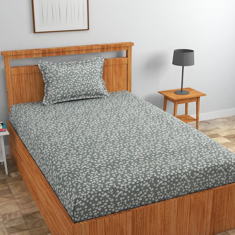 Image of NEW LEAF Pure Cotton 220 tc Flat Single Bedsheets for Summer Breathable | Wrinklefree | Super Soft (Size-60 X 90 Inch) with 1 Pillow Covers (Size-17 X 27 Inches, Floral, Grey