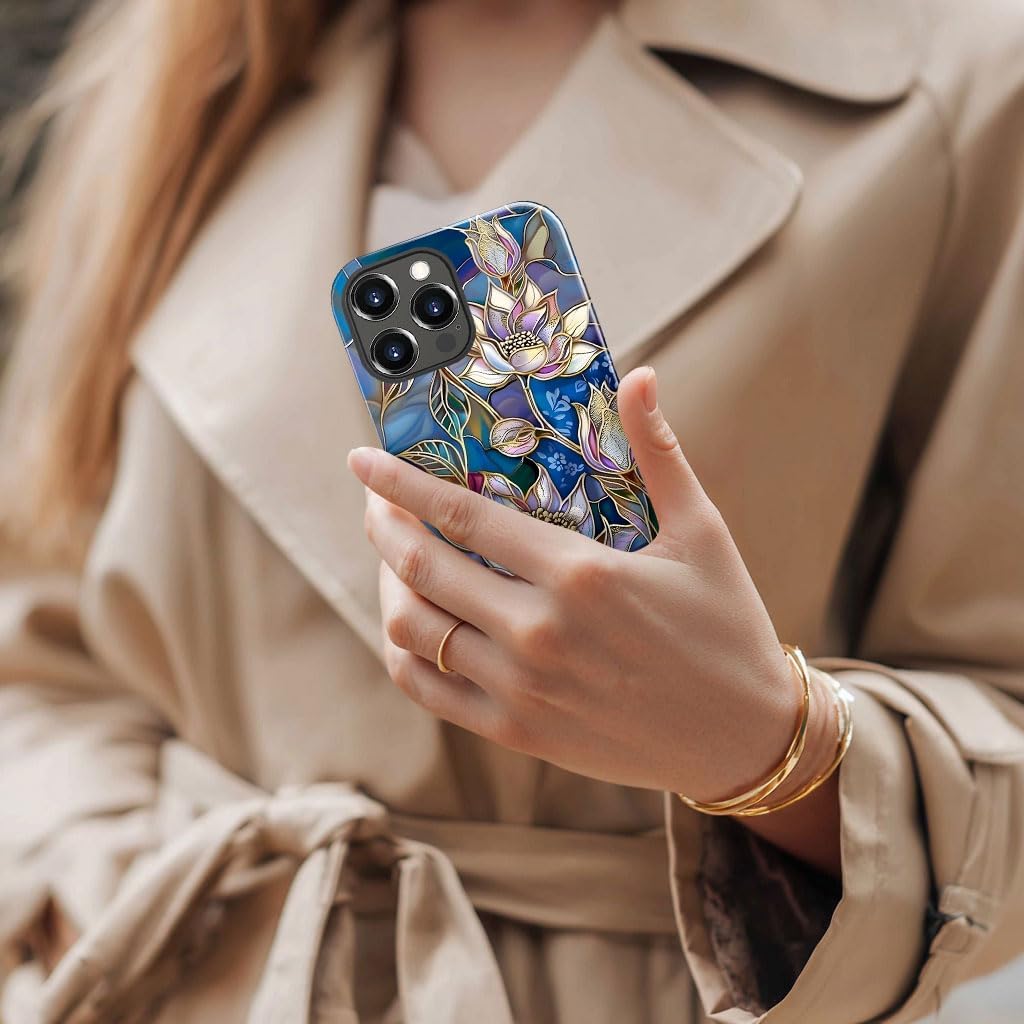Case for iPhone 15 Pro Max,Stained Glass Lotus Flowers Gold Purple Phone Case Military-Grade Drop Protection Cover for Women Girl - Glossy - Image 7