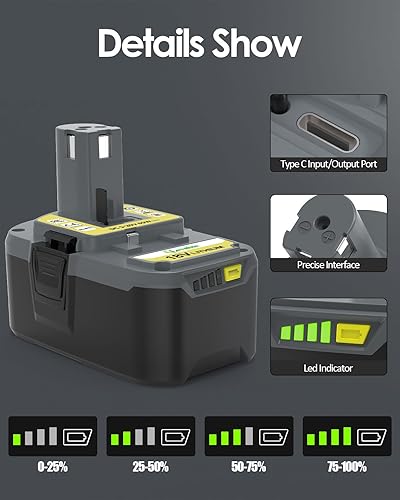 Miniatura 7 de Carga USB-C repuesto para batería Ryobi de 18 V con puerto de entradasalida USB-C de 65 W, compatible con batería Ryobi ONE+ Plus de 18 V P108 P102
