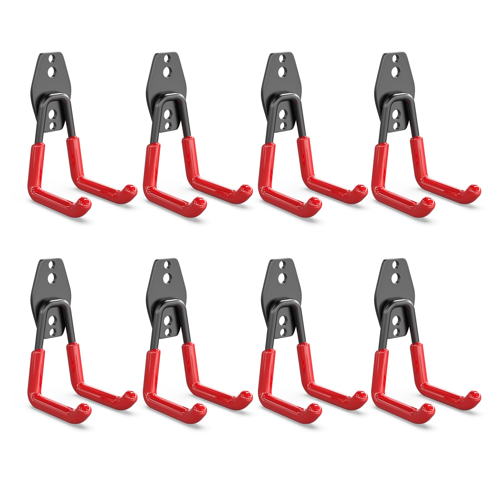 3-H Ganchos de Garaje Resistentes, Paquete de 8 Ganchos de Almacenamiento de Garaje de Acero, Soporte de Pared y Organizador de Herramientas, Cuerdas, Cables(Rojo)