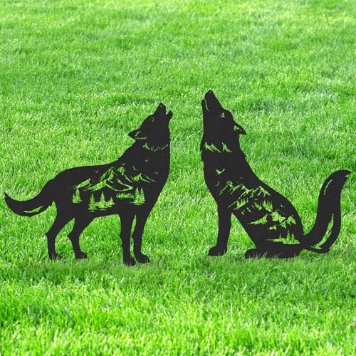 LIRAVENO Wolfs-Gartenstecker Dekorationen – 2 Stück Metall heulende Tiere Silhouette Outdoor-Statuen schwarz dekorative Hofskulptur Geschenke Kunst personalisierte Außendekoration für Terrassen, Rasen