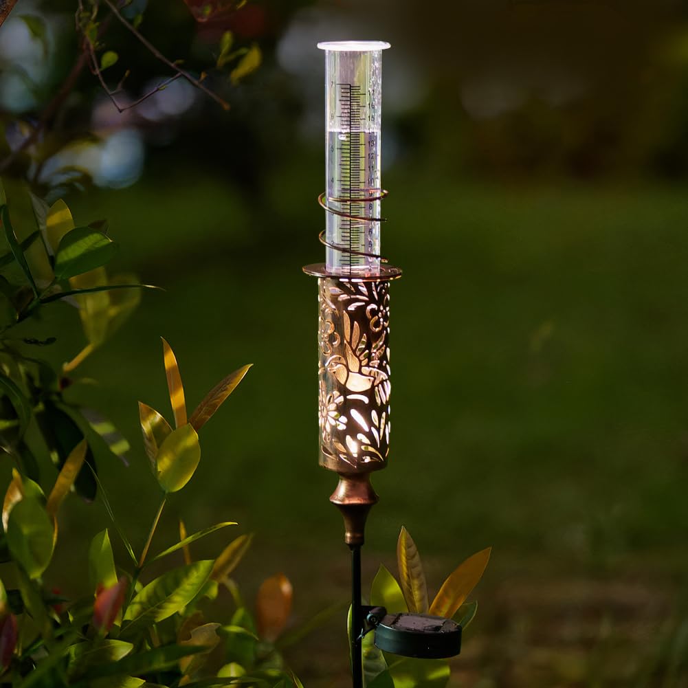 Regenmesser für den Außenbereich, hohl, Kolibri, Solar-Regenmesser, 17,8 cm Rohr-Regenmessgerät mit Pfahl, dekoratives Metall-Regenmesswerkzeug für Hof, Rasen-Ornamente