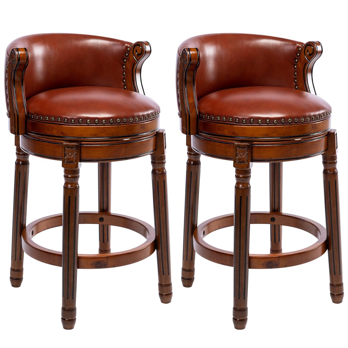 AULIFE Cow top Leather Wooden Bar Stools, 29.5" Bar Height Bar Chair with Back, 180 Degrees Swivel Barstools Chair for Home Kitchen Counter,Dining