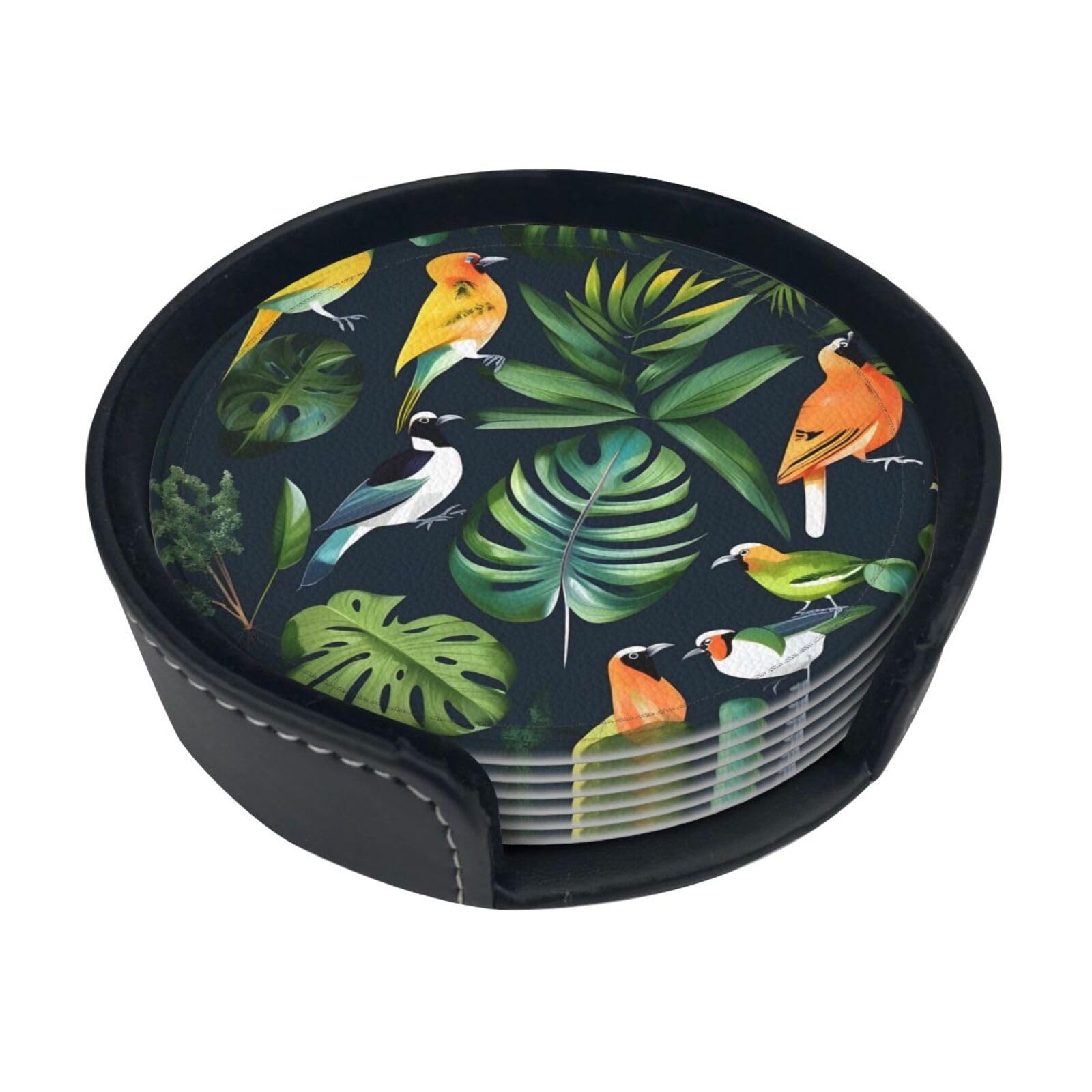 Tropical Birds Plant Leaf Print Round Coasters Set Of 6,Coaster For Tabletop Protection Home Bar Decor