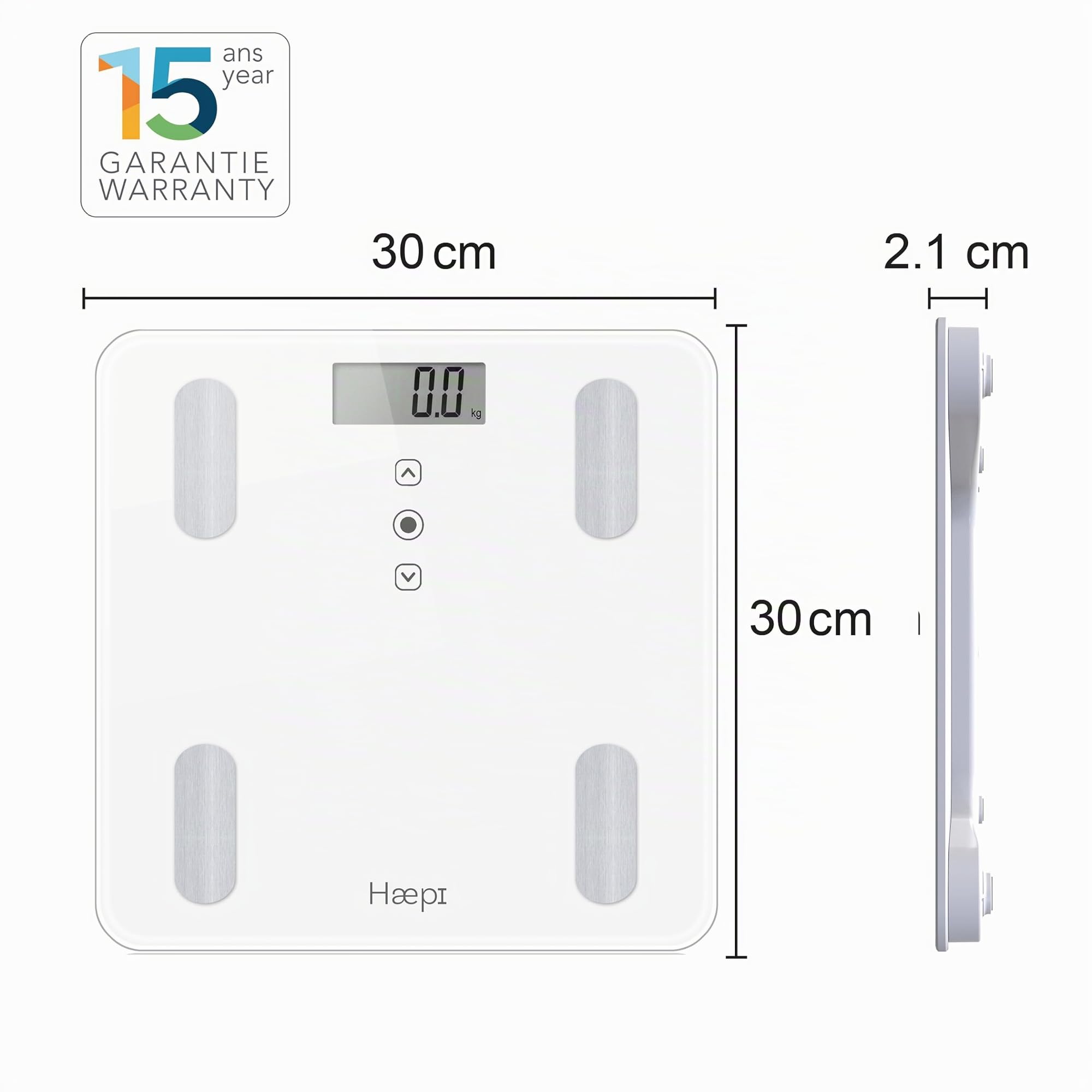 Haepi -Pesa persone impedenzimetro in vetro-analisi del corpo (massa grassa, massa ossea, massa muscolare, massa idrica)- BMI e Kcal- Design e preciso- Batterie incluse- Garanzia 15 anni