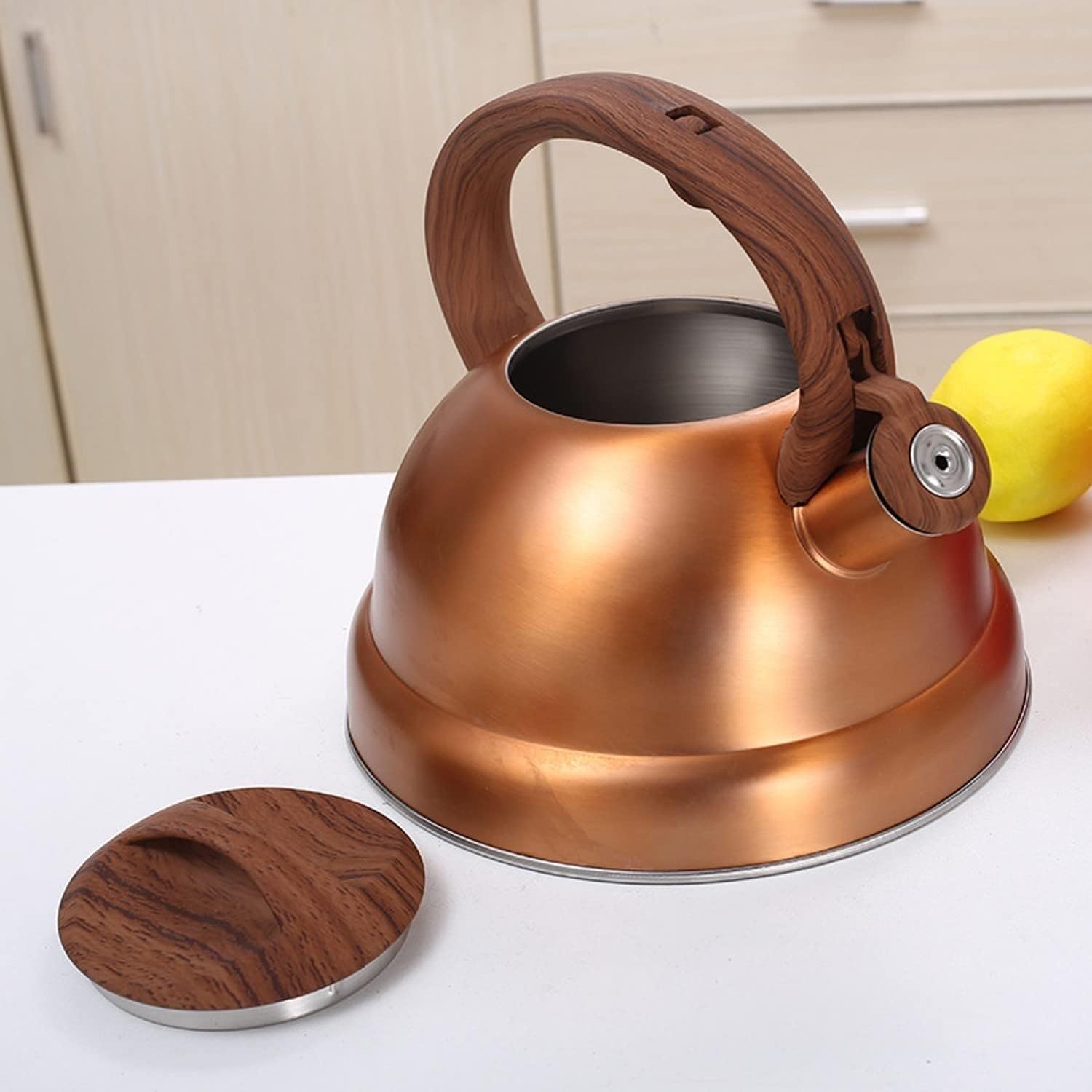Stovetop Tea Kettle Whistling Teapot Tea Kettle 3L Stainless Steel Whistling Kettle Water Kettle with Wood Grain Nylon Handle Tea Kettle for Gas Hob Removeable Lid Stove