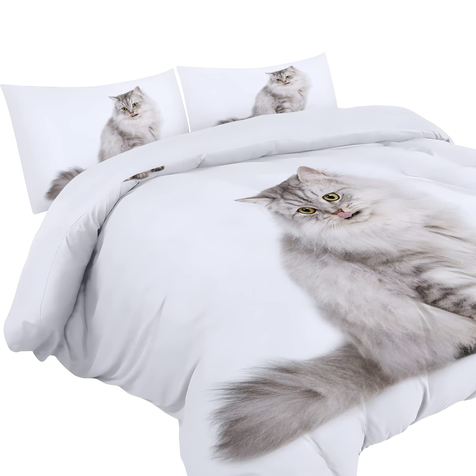 MAQUE Poszwa na kołdrę w rozmiarze King Size biały kot perski zestawy pościeli king size z zapięciem na zamek błyskawiczny miękka mikrofibra poszewka na kołdrę 230 x 200 cm i 2 poszewki na poduszki 50 x 75 cm