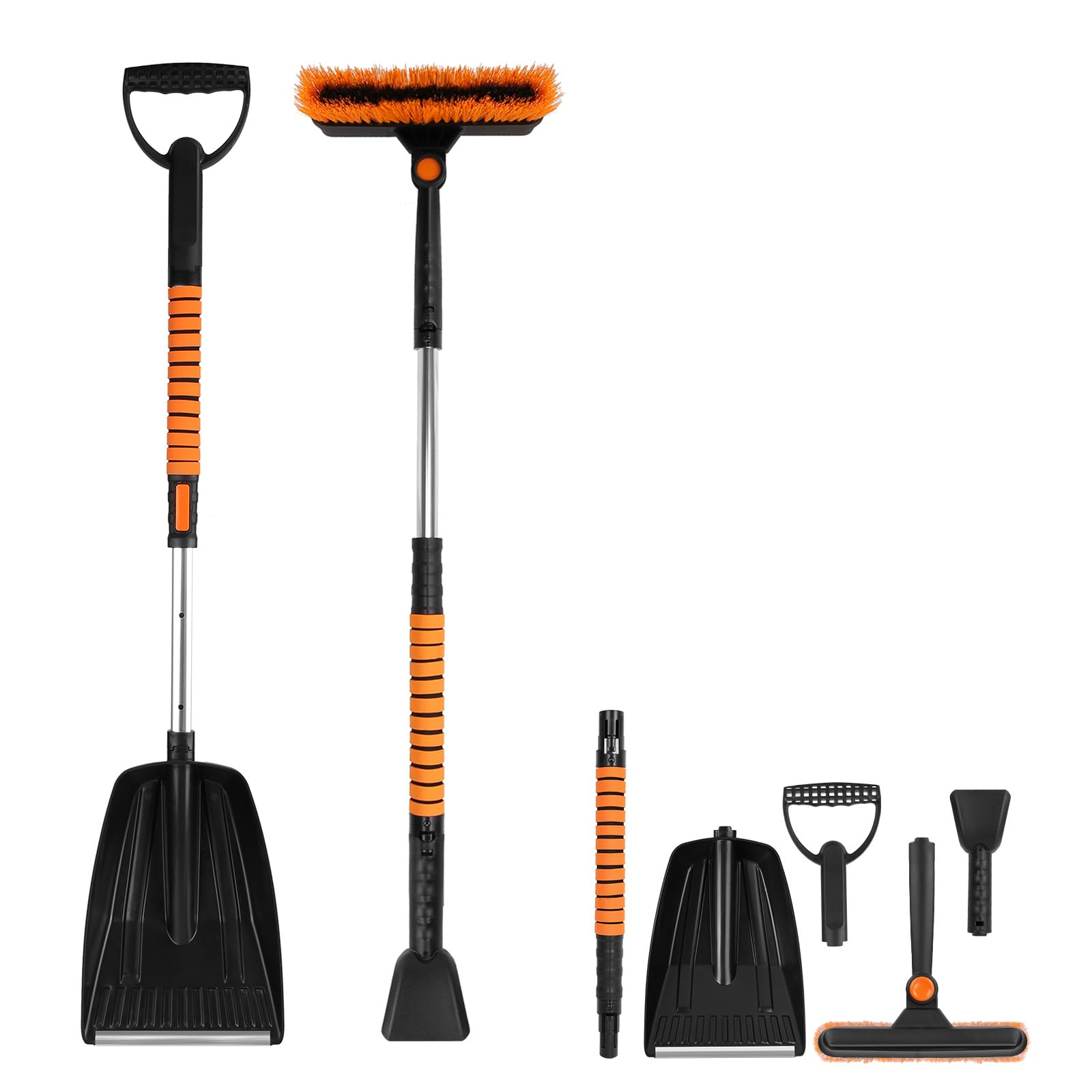 Zorpupoa Ice Scraper and Snow Brush Kit, 5 in 1 Extendable Snow Shovel Snow Broom with Foam Grip, 180° Pivoting Brush Head Snow Scraper for Car, Truck, SUV