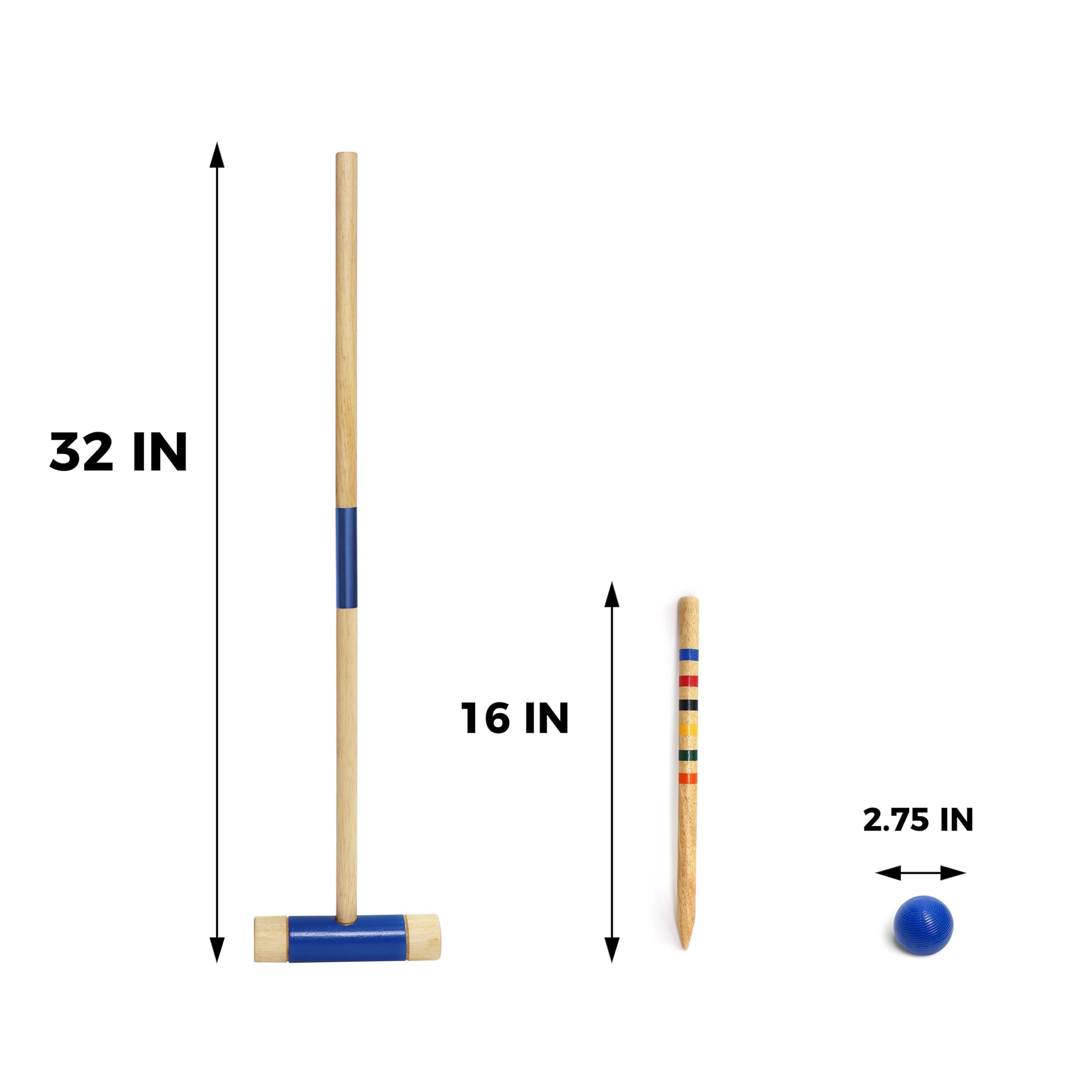 Krocket-Set für sechs Spieler für Erwachsene und Familie, Hinterhof, Outdoor-Spiele | 81,3 cm Schlägel, Gummibaumholz, inklusive 1 Tragetasche, 6 Bälle, 9 Wickets, 2 Heringe