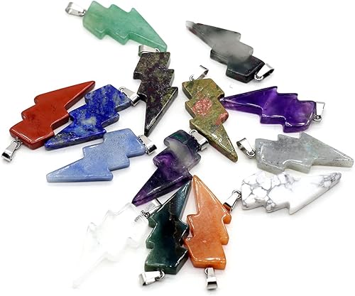 LHJ 5 colgantes de piedra natural con forma de relámpago, piedra de ágata de cristal de chakra, para hacer joyas, collar, amuleto, Piedra Ágata