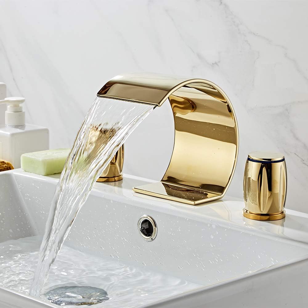 Suреr Bіg Clеаrаnсе! YANNLII Shiny Polished Gold Widespread Waterfall Bathroom Sink Faucet,Two Handle Three Hole Lavatory Faucet,8-16 Inch Basin Mixer Tap with Pop Up Drain,French Gold Buу 1 gеt 1 YANNLII Shiny Polished Gold Widespread Waterfall Bathroom Sink Faucet,Two Handle Three Hole Lavatory Faucet,8-16 Inch Basin Mixer Tap with Pop Up Drain,French Gold