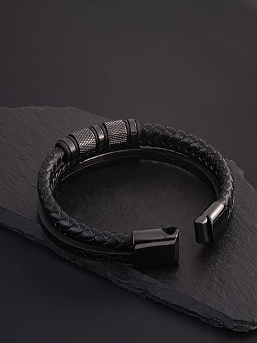 Miniatura 7 de Pulsera de cuero para hombre con hebilla de acero inoxidable 316L Pulsera trenzada multicapa Regalo para hombres NegroChapado en OroBlanco Chapado