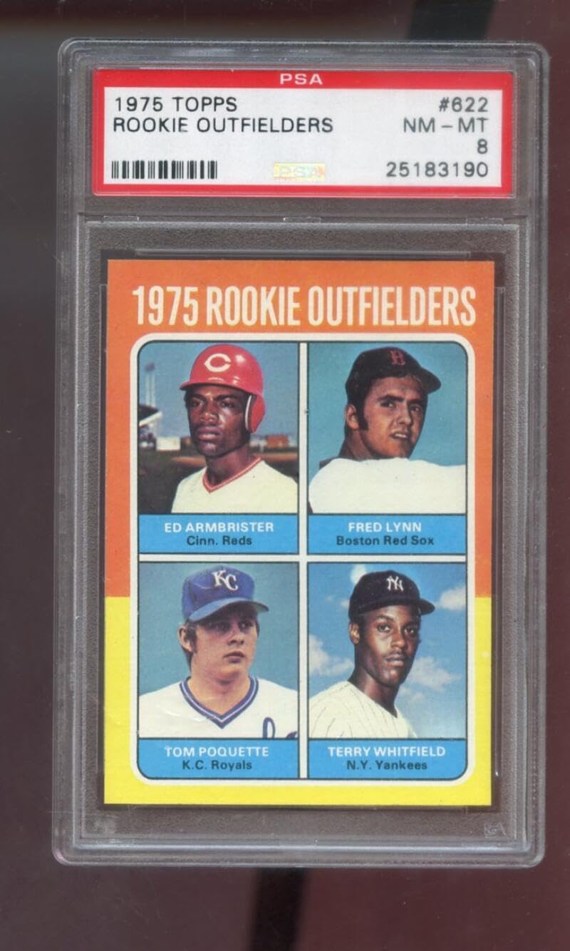 1975 Topps #622 Rookie Outfielders Fred Lynn Ed Armbrister Tom Poquette Terry Whitfield PSA 8 Graded Baseball Card MLB RC