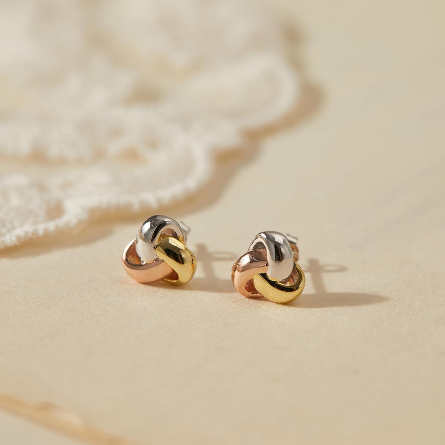 CHIC & ARTSY Love Knot Earrings 18K Gold Plated 925 Sterling Silver Tri-tone White,Yellow,Love Knot Stud Earrings Dainty 8mm 10mm High Polished Stud Earrings for Women - Image 4