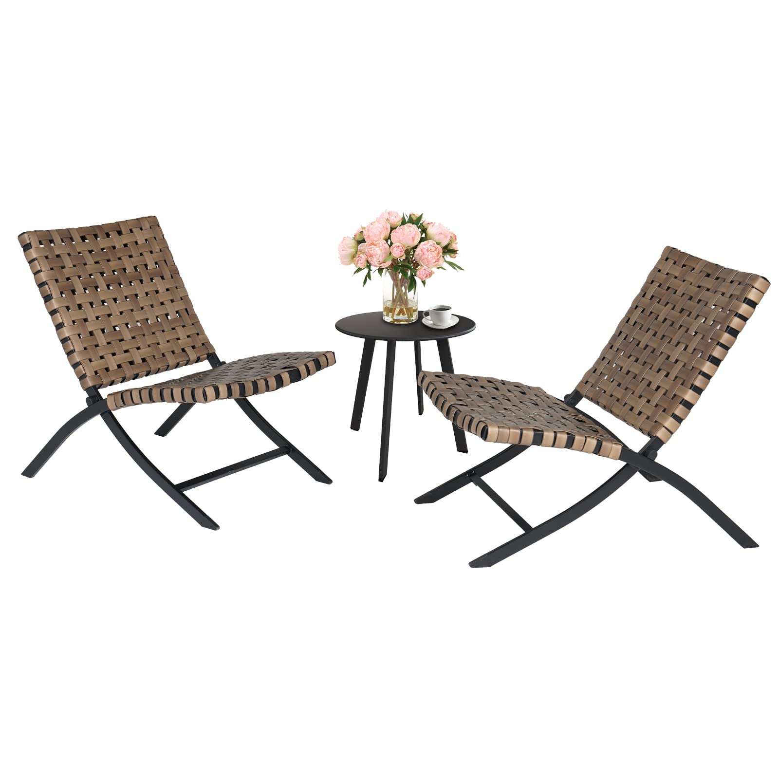 Grand patio 3-Piece Outdoor Bistro Folding Chairs, Weather Resistant Wicker Patio Chairs and Coffee Table for Balcony Lawn Porch Garden, Tobacco Brown