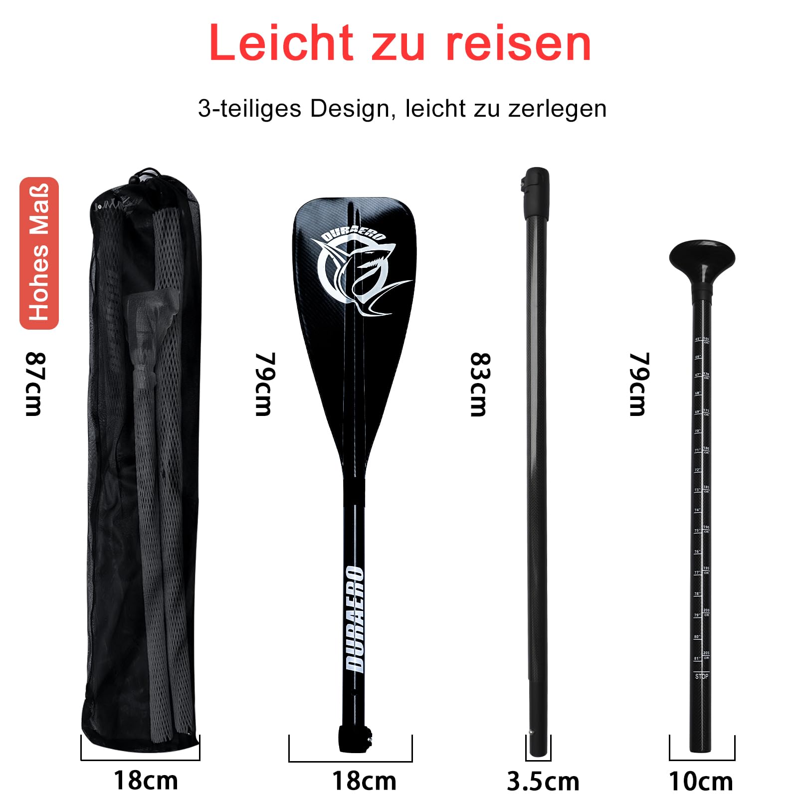 Wiosło węglowe z torbą – 3 sztuki do SUP kajak, deska do wiosłowania, profesjonalna szybkość, lekka, 760 g, regulowany teleskop 165 cm – 205 cm