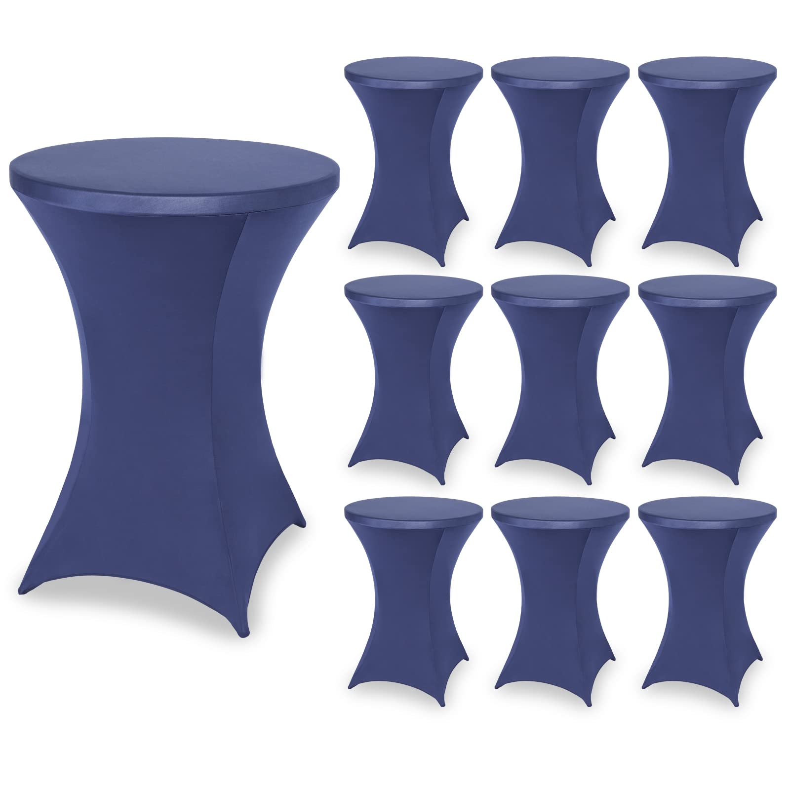 FestiCorp Paquete de 10 fundas ajustables de elastano para mesa de cóctel, mantel elástico para fiestas, bares, bodas, cumpleaños, banquetes, color azul marino, 30-32 pulgadas de diámetro x 40-43