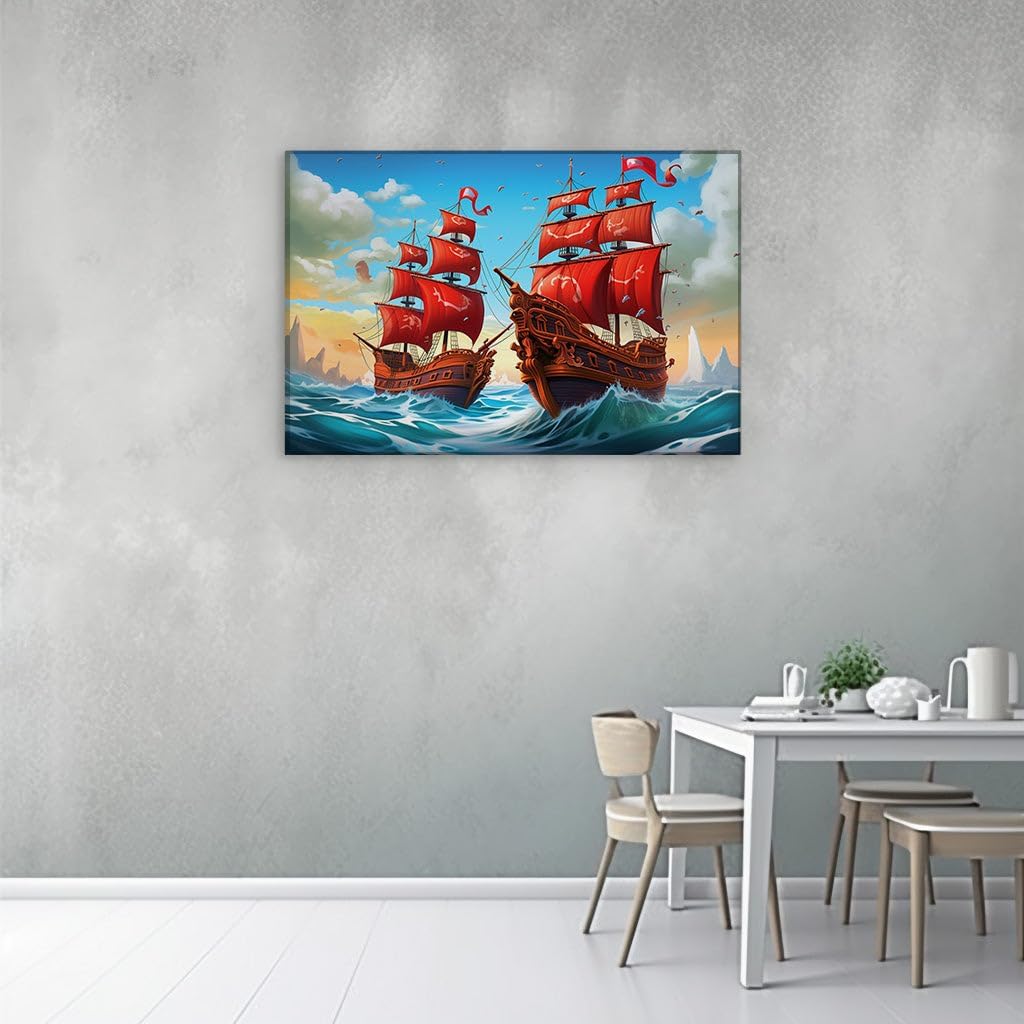 Canvas for Living room. Sailing into Sunset � A Vivid Seascape with Crimson Sails and Whispering Waves, 27 x 18 inch Canvas Wall Art - Contemporary Masterpieces - Modern Home Decor