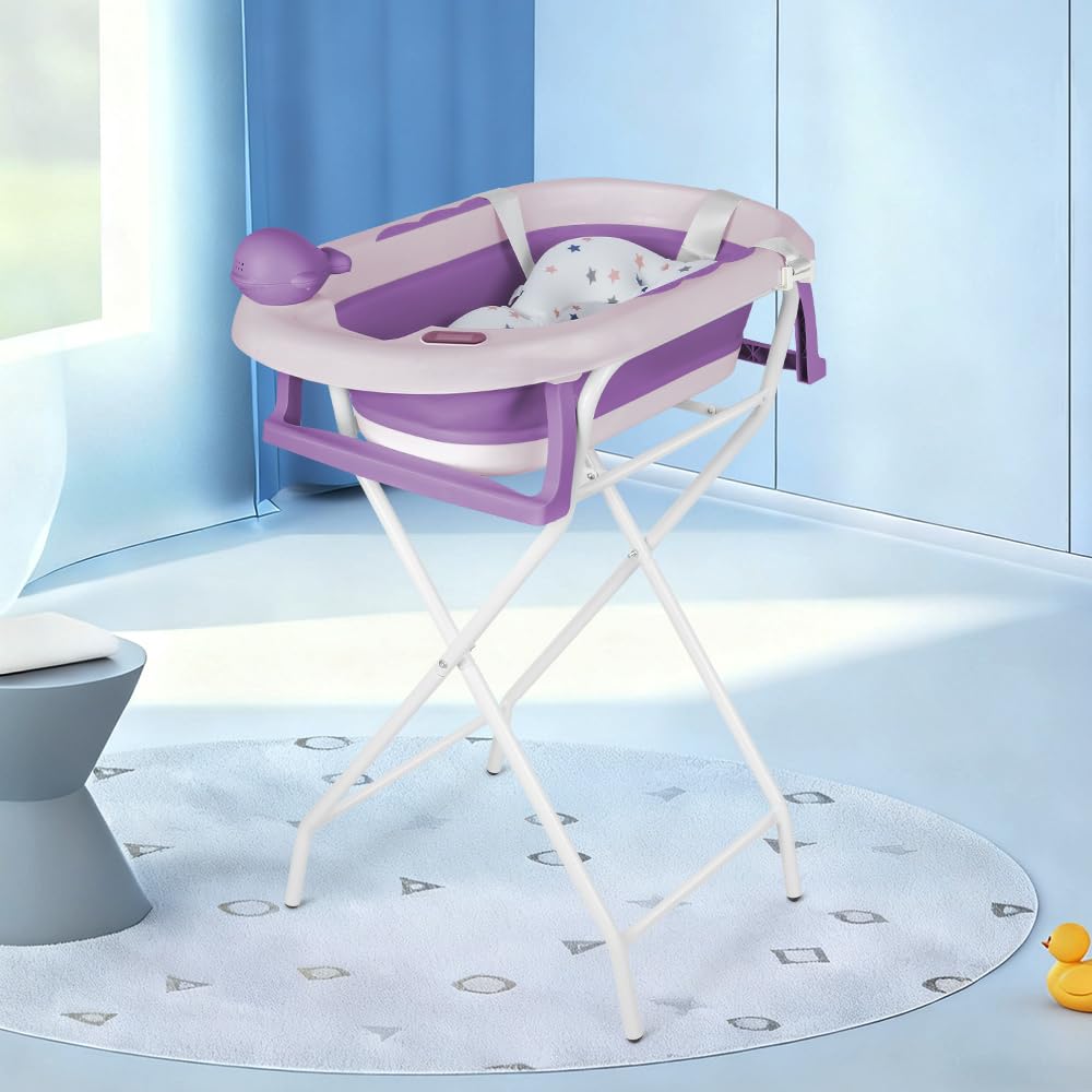 Bañera Bebé, con cojín, bañera plegable para bebés con termómetro digital, para bebés de 0 a 24 meses (morado - con soporte)