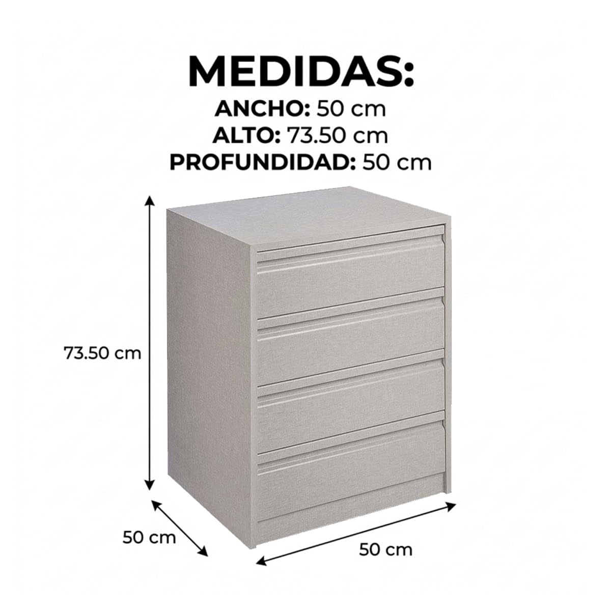 Genérico Cajonera Armario 4 Cajones Color Lino Textil Cancún con Guías Metálicas Acabado Premium Postformado, Ancho 50cm, Fondo 50cm y 73,60cm de Alto